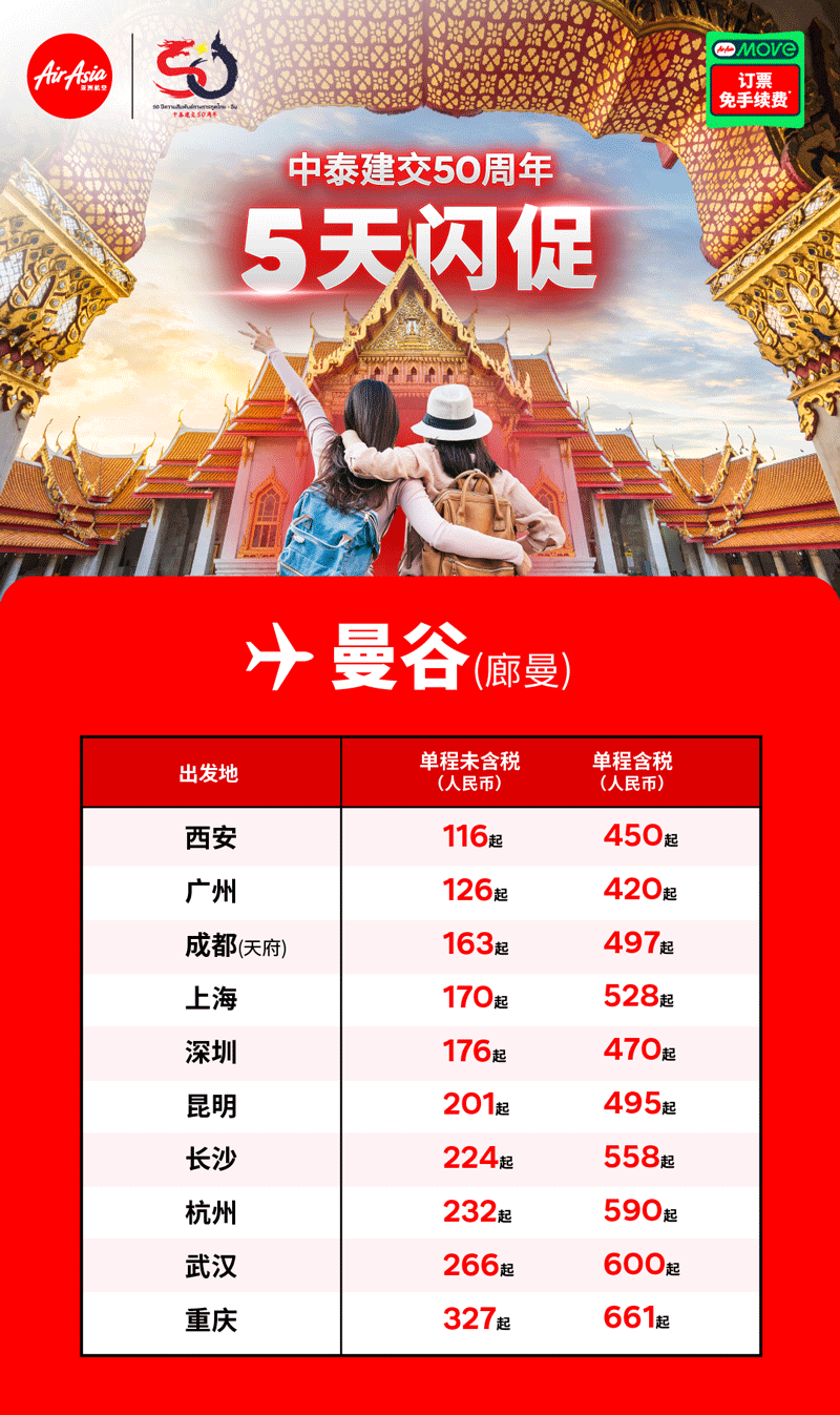 亚航本周促销：中泰建交50周年 “5天闪促”116元起飞曼谷